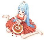  artist_request barefoot blue_hair cake dress food fruit kula_diamond long_hair pastry red_eyes sitting skinny solo strawberry the_king_of_fighters wariza 