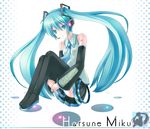  6u_(eternal_land) aqua_eyes aqua_hair bad_id bad_pixiv_id detached_sleeves hatsune_miku long_hair microphone miniskirt necktie sitting skirt solo thighhighs twintails vocaloid zettai_ryouiki 