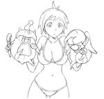  bikini breasts cleavage copyright_request greyscale hand_puppet large_breasts monochrome puppet short_hair solo swimsuit wadatsumi 