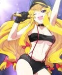  ;d bad_id bad_pixiv_id breasts cosplay endou_aya long_hair macross macross_frontier medium_breasts one_eye_closed open_mouth parody ribbon seiyuu_connection sheryl_nome sheryl_nome_(cosplay) smile solo tonbi touhou underboob yakumo_yukari 