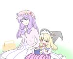  bangs blonde_hair blush book child crescent hair_ribbon happy haruichi hat if_they_mated kirisame_marisa long_hair multiple_girls no_nose open_mouth patchouli_knowledge picnic_basket purple_eyes purple_hair reading ribbon sitting smile striped touhou witch_hat 