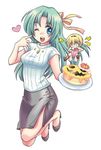  blonde_hair blue_eyes cake dobato food green_hair high_heels higurashi_no_naku_koro_ni houjou_satoko multiple_girls one_eye_closed pastry shoes sonozaki_shion 