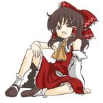  ascot bad_id bad_pixiv_id bare_shoulders blush bobby_socks bow brown_eyes brown_hair detached_sleeves full_body hair_bow hakurei_reimu long_sleeves looking_at_viewer mary_janes niji_(nijioki) red_bow shoes simple_background socks solo spread_legs touhou white_background 