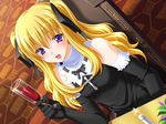  akai_canvas_series_nadeshiko_~aka_no_rasen~ alcohol blonde_hair candle chair cross dress dutch_angle elbow_gloves flat_chest game_cg gloves goblet hair_ribbon kagurazaka_satsuki kyougoku_shin long_hair non-web_source purple_eyes ribbon sitting solo table twintails upper_body wine yamino_kenji 