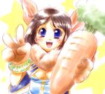  :d animal_ears artist_request blue_eyes breasts brown_gloves bunny_ears carrot chrono_cross food fur_trim gloves holding holding_food janice lowres open_mouth short_hair small_breasts smile solo upper_body 