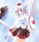  animal_ears bad_id bad_pixiv_id black_skirt cowboy_shot detached_sleeves hat inubashiri_momiji jumping leaf_print red_eyes shield shirotsuki_kouta short_hair silver_hair skirt solo tail tokin_hat touhou water waterfall wolf_ears wolf_tail 