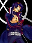  akutsu_(yuumi) belt blue_hair core_drill crossed_arms goggles goggles_on_head grin jewelry male_focus necklace simon smile solo tengen_toppa_gurren_lagann trench_coat 