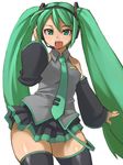  curvy detached_sleeves fang green_eyes green_hair hatsune_miku headphones kawacchi_hirohiro long_hair necktie solo thick_thighs thighhighs thighs twintails vocaloid 