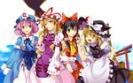  bad_id bad_pixiv_id black_hair blonde_hair broom gap hakurei_reimu hat japanese_clothes kimono kirisame_marisa long_hair multiple_girls ninomoto one_eye_closed petals pink_hair ribbon saigyouji_yuyuko short_hair torii touhou yakumo_yukari 