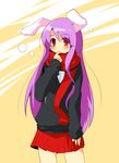  animal_ears blush bunny_ears finger_in_mouth long_hair long_sleeves looking_at_viewer miniskirt mukunoki_nanatsu pleated_skirt red_scarf red_skirt reisen_udongein_inaba scarf skirt sleeves_past_wrists solo standing tareme touhou 