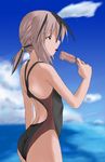  artist_request ass brown_eyes brown_hair competition_swimsuit copyright_request food one-piece_swimsuit popsicle short_hair solo swimsuit 