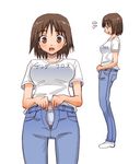  ayase_fuuka brown_eyes brown_hair clothes_writing denim eyebrows jeans lowres non-web_source open_fly panties pants shirt short_hair sweat t-shirt thick_eyebrows underwear undressing unzipped yotsubato! 