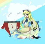  alice_(wonderland) alice_(wonderland)_(cosplay) alice_in_wonderland artist_request blonde_hair cloud cosplay crossdressing kuma_(persona_4) male_focus otoko_no_ko persona persona_4 ribbon skirt smile solo 