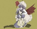  apron bat_wings black_legwear braid green_background izayoi_sakuya looking_at_viewer multiple_girls pantyhose puffy_short_sleeves puffy_sleeves red_eyes remilia_scarlet sasakura_koneri short_sleeves silver_hair simple_background sitting touhou twin_braids waist_apron wariza wings 