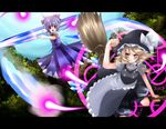  bad_id bad_pixiv_id blonde_hair blue_hair broom broom_riding cirno danmaku flying kirisame_marisa long_hair multiple_girls ribbon short_hair touhou wings yukibina 