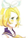  blonde_hair blue_eyes blush hair_ornament hairband hairpin kagamine_rin microphone mwr school_uniform short_hair simple_background sleeveless solo tears vocaloid 