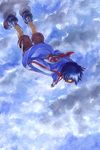  akutsu_(yuumi) ankle_boots armband blue_footwear blue_hair blue_jacket boots brown_shorts cloud day from_behind goggles hands_in_pockets jacket jewelry leg_wrap male_focus necklace shorts simon sky solo standing tengen_toppa_gurren_lagann upside-down 