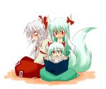  :d :o bow child ex-keine family fujiwara_no_mokou green_hair hair_bow horn_ribbon horns if_they_mated kamishirasawa_keine makoto_jon multiple_girls open_mouth red_eyes ribbon sitting sitting_on_lap sitting_on_person smile spit_take spitting tail touhou translated white_hair 