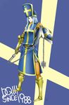  armor blue_background blue_hair bodysuit copyright_name dragon_quest dragon_quest_iii hat kougen_pooku long_hair mitre orange_bodysuit priest_(dq3) shield solo tabard 