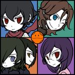  ;) allelujah_haptism black_gloves black_hair blue_eyes blush brown_hair chibi glasses gloves gundam gundam_00 hair_between_eyes hair_over_one_eye hallelujah_haptism haro lockon_stratos looking_at_viewer multiple_boys no_pupils one_eye_closed purple_hair red_eyes setsuna_f_seiei smile thumbs_up tieria_erde yamiya 