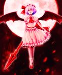  bat_wings hat highres hironox moon pink_hair polearm red_eyes red_moon remilia_scarlet short_hair solo spear spear_the_gungnir touhou weapon wings 