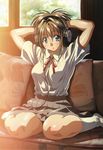  absurdres adjusting_hair arms_behind_head arms_up blue_eyes brown_hair couch headphones highres kneeling original school_uniform sitting socks solo taki_minashika thick_thighs thighs wariza 