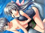  1girl asanagi_no_aquanauts black_hair breast_press breasts brother_and_sister emoto_aki emoto_yuriko game_cg glasses green_eyes hair_ribbon inflatable_raft large_breasts long_hair non-web_source one-piece_swimsuit ribbon school_swimsuit siblings swimsuit yamino_kenji 