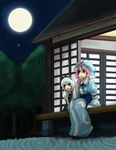  bad_id bad_pixiv_id blush building cirno full_body full_moon garden grass hat konpaku_youmu long_sleeves looking_afar mob_cap moon multiple_girls outdoors pink_hair plant saigyouji_yuyuko short_hair shrine silver_hair sitting sliding_doors tmc touhou triangular_headpiece wooden_floor 