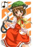  animal_ears brown_hair cat_ears cat_tail chen china_dress chinese_clothes dress earrings fang hat jewelry nikyu ribbon short_hair solo tail touhou 