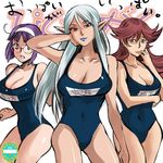  ahoge bad_id bad_pixiv_id blue_lipstick blush breasts brown_eyes cleavage copyright_request glasses hairband large_breasts lipstick long_hair lowres makeup multiple_girls one-piece_swimsuit pointy_ears purple_eyes purple_hair red_eyes red_hair school_swimsuit short_hair silver_hair swimsuit tori_(driftwood) 