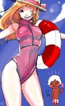  1girl alternate_hair_color artist_request breasts chibi chibi_inset hat innertube k' kula_diamond large_breasts long_hair lowres one-piece_swimsuit one_eye_closed orange_hair sun_hat swimsuit the_king_of_fighters 