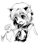  a_kirima animal_ears cat_ears chen earrings fang greyscale hat jewelry monochrome solo touhou 