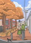  alternate_costume autumn bad_id bad_pixiv_id bus casual cat contemporary fujiwara_no_mokou ground_vehicle highres kamishirasawa_keine kawashiro_nitori motor_vehicle multiple_girls norimaki_(haru_koubou) power_lines road street touhou tree vanishing_point 