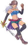  armpits bandana bandeau bare_shoulders belt blue_dragon breasts chen_jun-zou dark_skin elbow_gloves fingerless_gloves gloves large_breasts long_hair midriff pirate shorts silver_hair solo strapless sword teruki thighhighs tubetop weapon 