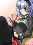  aqua_centolm artist_request computer cup green_eyes hairband laptop lowres mug pantyhose silver_hair sitting skirt solo super_robot_wars super_robot_wars_mx sweater 
