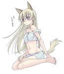  animal_ears bangs barefoot dog_ears dog_tail eila_ilmatar_juutilainen feet full_body hand_on_thigh long_hair lowres navel satou_atsuki simple_background sitting solo strap_slip strike_witches tail translated wariza white_background world_witches_series 