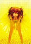  bent_over blue_eyes breasts cleavage dress hair_ornament highres kobayashi_yuuji medium_breasts neon_genesis_evangelion red_hair see-through smile solo souryuu_asuka_langley two_side_up yellow yellow_background yellow_dress 