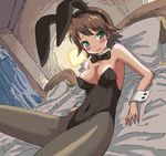  animal_ears awakened_miki bed blush brown_hair bunny_ears bunnysuit covered_navel detached_collar dithering dutch_angle green_eyes hoshii_miki idolmaster idolmaster_(classic) idolmaster_1 lying maru_(sara_duke) oekaki on_back on_bed pantyhose short_hair solo wrist_cuffs 