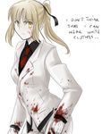  alternate_costume artoria_pendragon_(all) black_shirt blood bloody_clothes english fate/stay_night fate/zero fate_(series) formal gloves hair_ribbon long_hair necktie pale_skin pant_suit ponytail ribbon saber saber_alter shirt solo suit tusia veins white_gloves white_suit yellow_eyes 