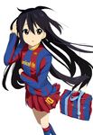  bag black_hair brown_eyes duffel_bag fc_barcelona flat_chest highres k-on! kneehighs kurosaki_samurai la_liga long_hair miniskirt nakano_azusa pleated_skirt skirt soccer soccer_uniform solo sportswear striped unicef very_long_hair 