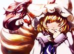  blonde_hair blurry dearmybrothers fox_tail hat light_particles lips looking_at_viewer multiple_tails revision smile solo tail touhou yakumo_ran yellow_eyes 