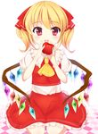  :o alternate_hairstyle apple ascot ashino bad_id bad_pixiv_id blonde_hair blush flandre_scarlet food fruit highres holding looking_at_viewer red_eyes skirt solo touhou twintails wings 