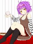  :q bare_shoulders chain collarbone crossed_legs cuffs cup eyewear_on_head glasses kneehighs looking_at_viewer original plaid plaid_skirt purple_hair ratsuku_kinoko shackles short_hair sitting skirt solo striped tongue tongue_out yellow_eyes 