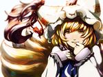  blonde_hair blurry dearmybrothers fox_tail hat light_particles lips looking_at_viewer md5_mismatch multiple_tails smile solo tail touhou yakumo_ran yellow_eyes 
