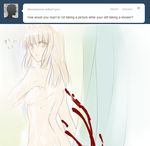  1boy 1girl artoria_pendragon_(all) blonde_hair blood breasts fate/stay_night fate_(series) gilgamesh hair_down long_hair medium_breasts nosebleed nude pov saber_alter shower_curtain showering sideboob tumblr tusia wet yellow_eyes 