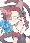  animal_ears bare_shoulders bow braid brown_eyes cat_ears cat_tail extra_ears hair_over_one_eye kaenbyou_rin long_hair multiple_tails mutsutsu nekomata pointy_ears red_hair ribbon skull solo strap_slip striped striped_tail tail touhou twin_braids upper_body 