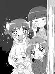  &gt;_&lt; aoki_reika blush candy_(smile_precure!) closed_eyes greyscale hino_akane_(smile_precure!) hoshizora_miyuki kise_yayoi long_hair monochrome multiple_girls open_mouth precure short_hair smile smile_precure! tonbi 