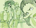  4boys afro brook docco hair_over_one_eye hat headphones male male_focus monochrome multiple_boys one-eyed one_piece pixiv_thumbnail resized roronoa_zoro sanji scar skeleton skull sunglasses usopp 