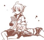  1girl ahoge book brother_and_sister holding holding_book kagamine_len kagamine_rin lap_pillow monochrome petting reading short_hair shorts siblings twins utaori vocaloid 
