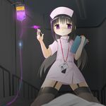  akemi_homura biohazard_symbol black_hair black_legwear clipboard curtains darkness empty_eyes garter_straps girl_on_top glowing glowing_eyes hat highres id_card intravenous_drip kneeling kuro_chairo_no_neko long_hair looking_at_viewer mahou_shoujo_madoka_magica nurse nurse_cap on_bed pink_skirt purple_eyes skirt solo syringe thighhighs very_long_hair zettai_ryouiki 